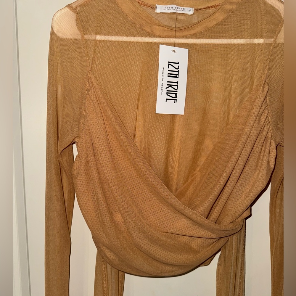 12th Tribe Camel/Tan Long Sleeve Wrap Crop Top